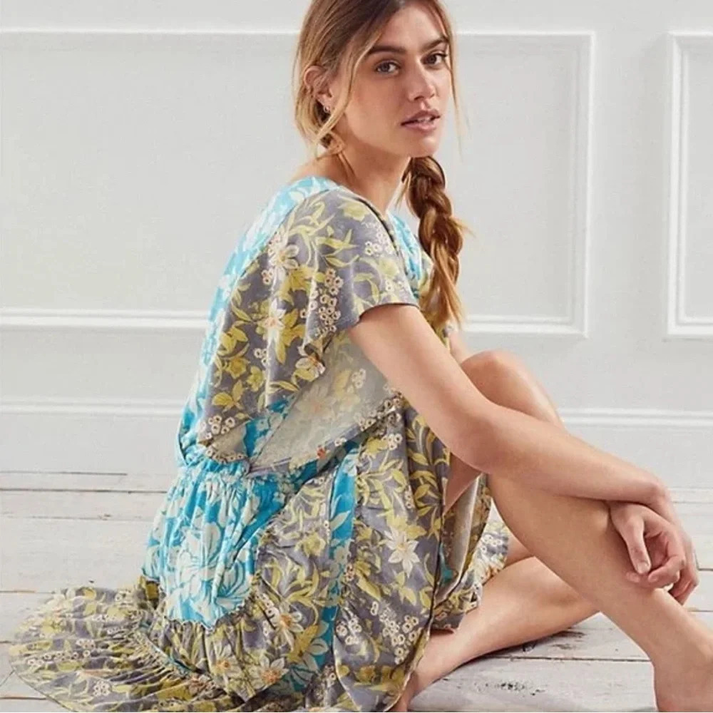 Anthropologie Turquoise Floral Daily Practice Tiered Ruffle Mini Dress Floral - Picture 6 of 9